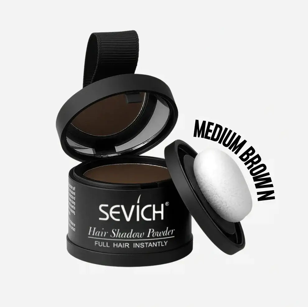 Sevich hair shadow powder in medium brown color with open container on a white background
