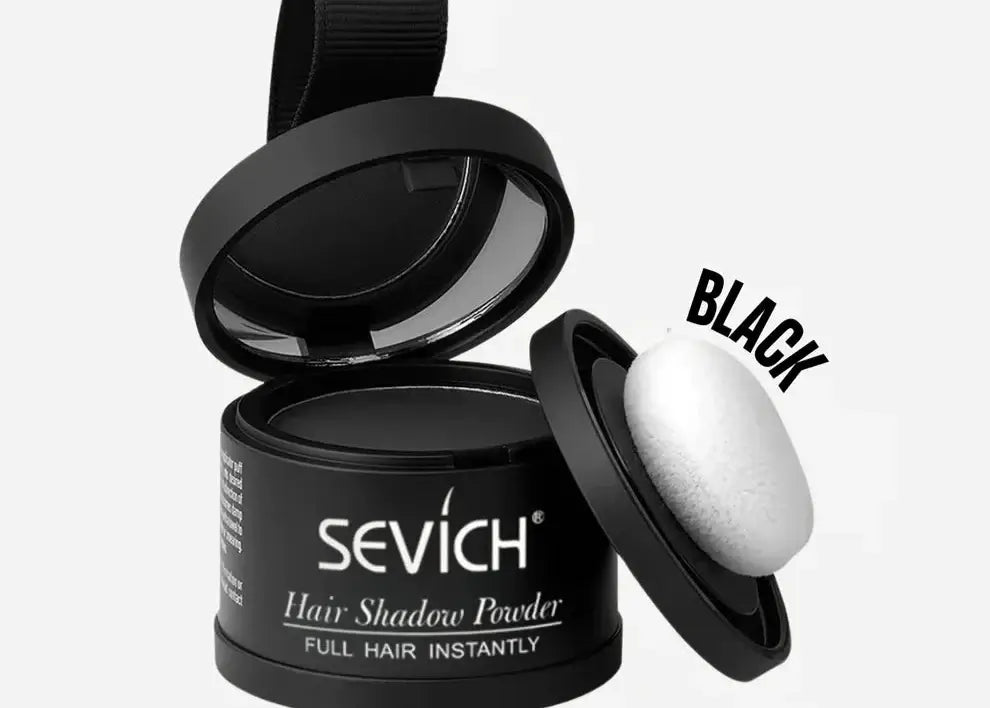 Sevich hair shadow powder with black lid and white powder on a white background