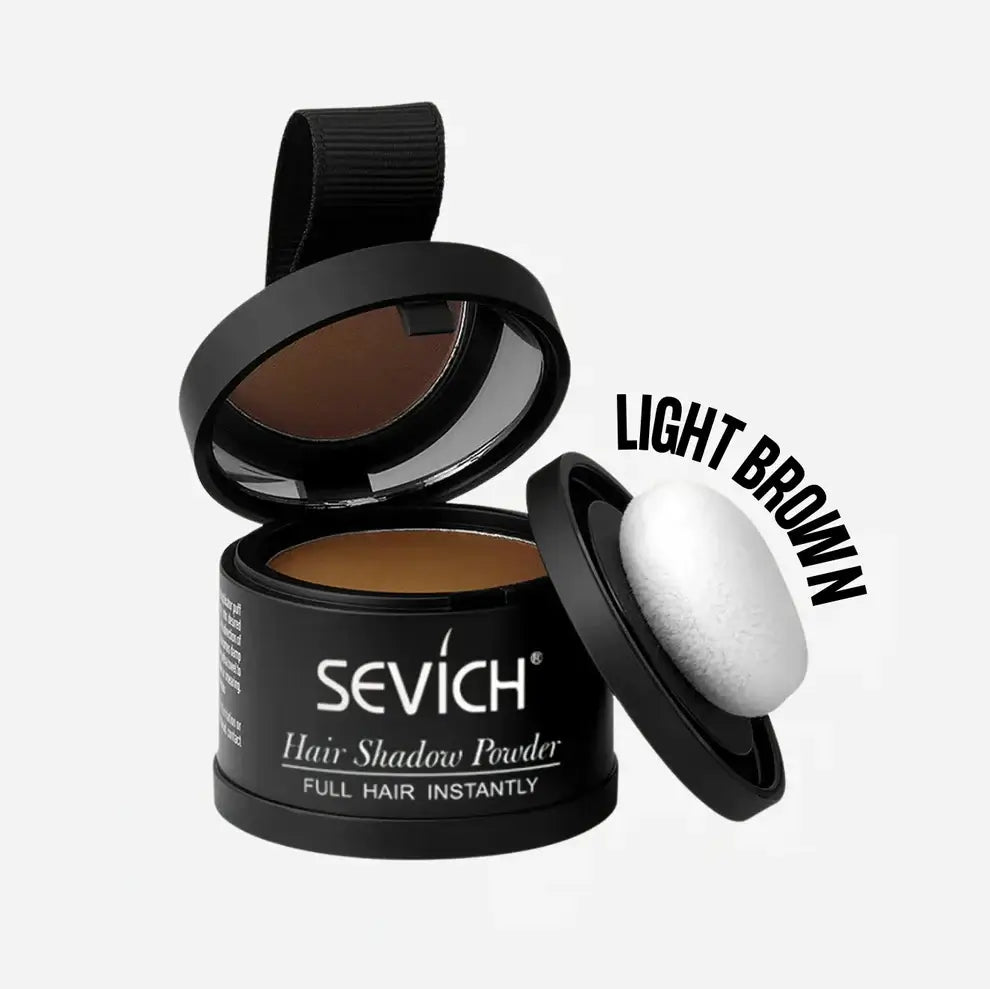 Sevich hair shadow powder with a black container and light brown shade on a white background.