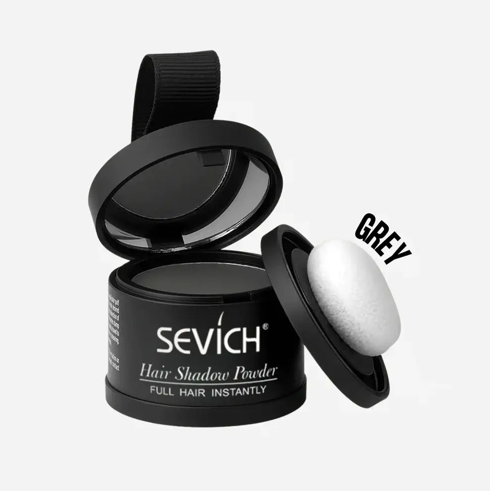 Sevich hair shadow powder in black container with gray powder on a white background