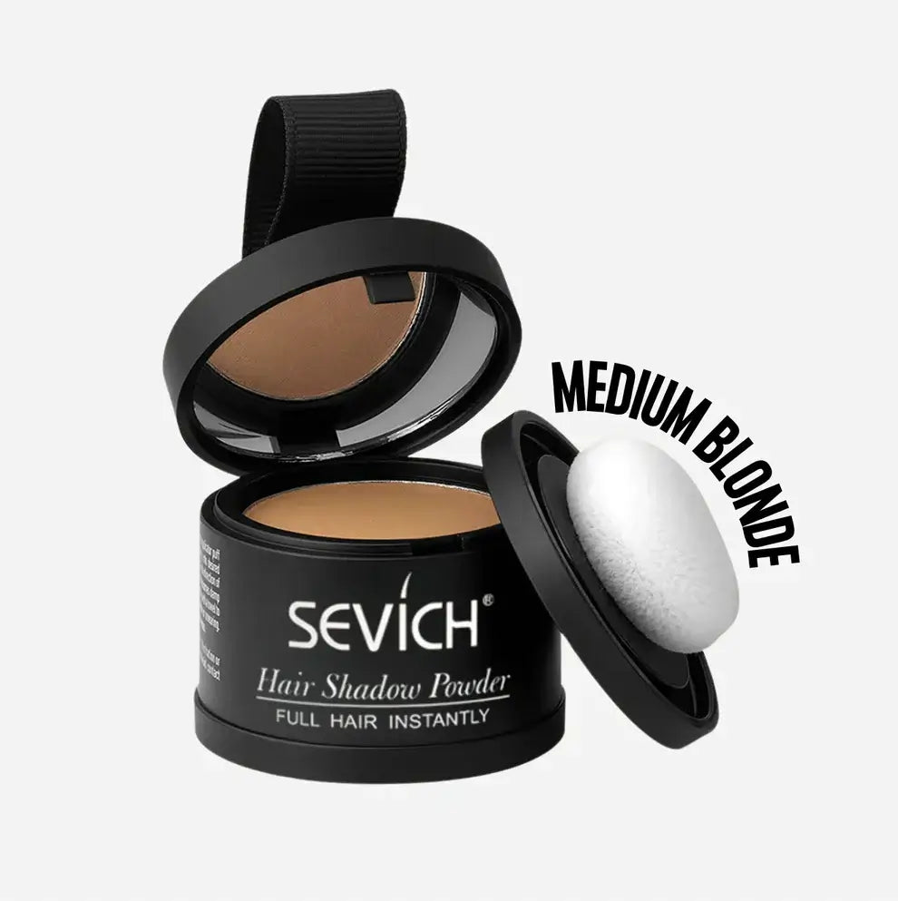 Sevich hair shadow powder with open lid showing medium blonde color on a white background